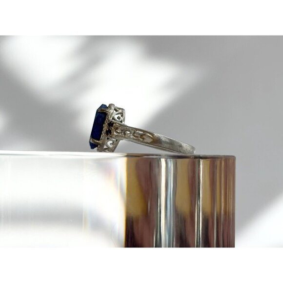 Lapis Lazuli Oval Cut Ornate Cutout Sterling Silver Vintage Ring - sz 4.75 - Picture 4 of 10